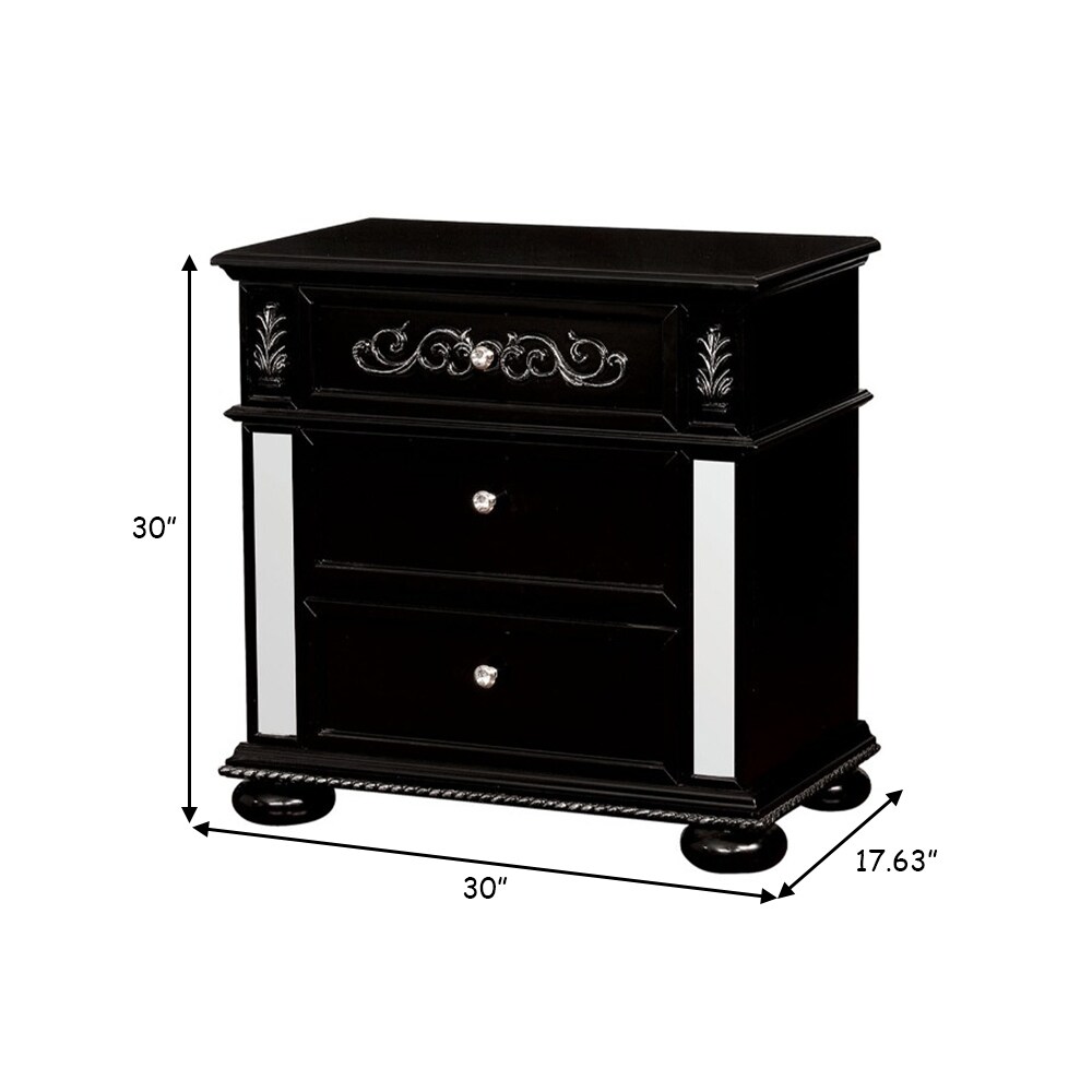 Three Drawer Solid Wood Nightstand with Crystal Knobs and Bun Feet  Black