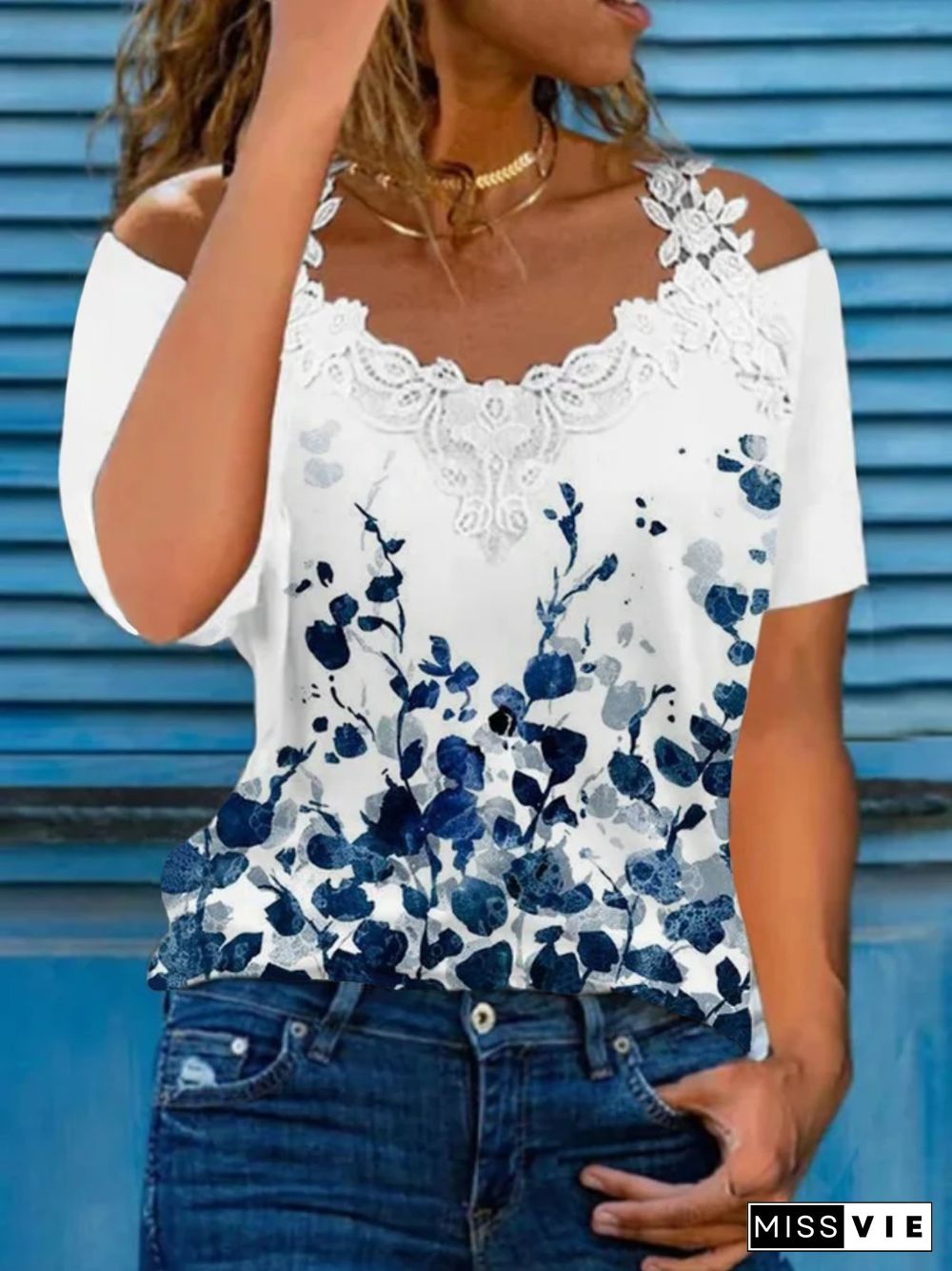 Casual Floral Short Sleeve V Neck Plus Size Printed Tops T-shirts