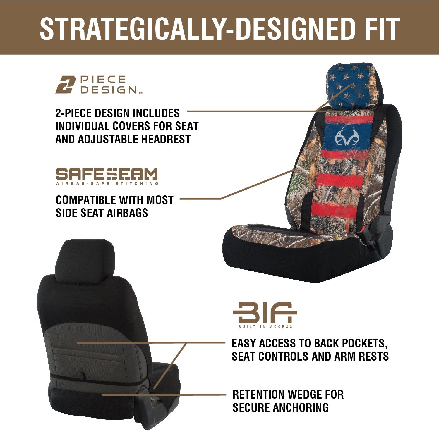 Realtree Universal Low Back Edge Camo Americana Seat Cover for Trucks， Cars and SUVs | Single