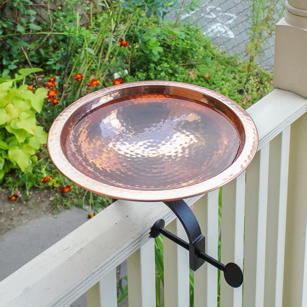 Achla Designs 14.5 in. W Polished Copper Plated Hammered Copper Birdbath with Over Rail Bracket BBHC-01T-OR