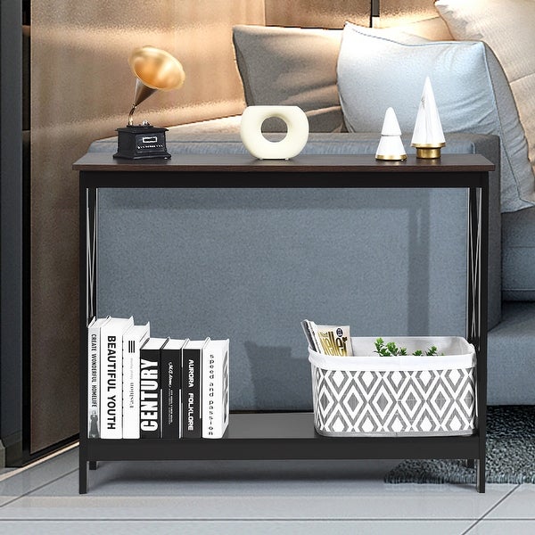 Costway 2-Tier Console Table x-Design Bookshelf Sofa Side Accent Table