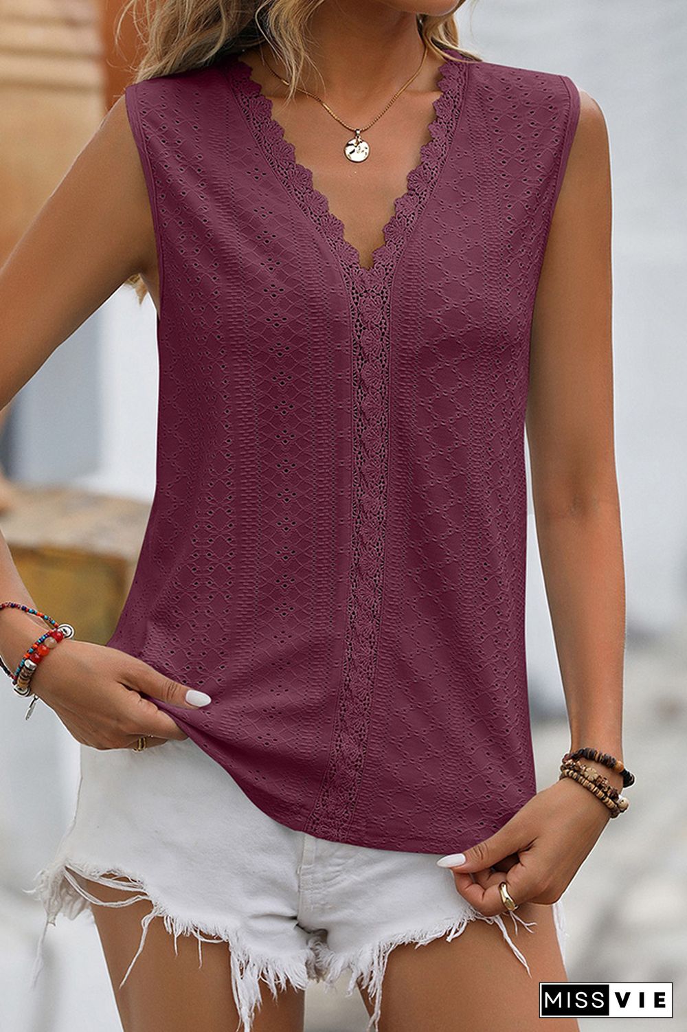 Plain V Neck Lace Edge Eyelet Pattern Tank Top