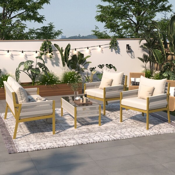 4Pieces Rope Outdoor Furniture Set with Glass Table