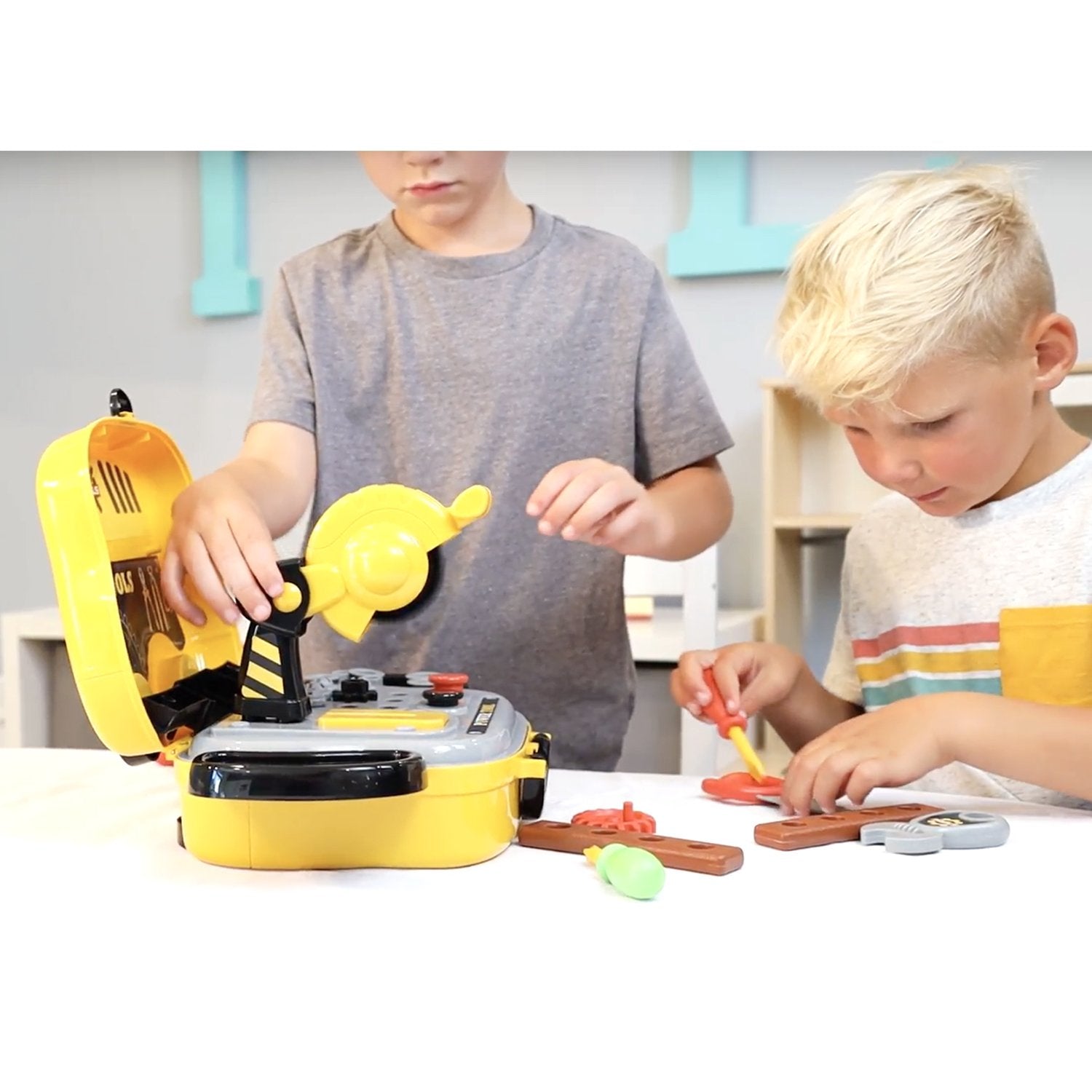 Kidplokio Boys 28pc Tools and Tool Box Work Bench Playset DIY Pretend Play Construction Toys Yellow