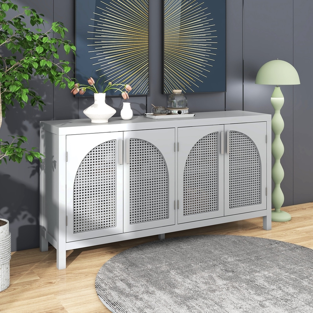 Large Storage Space Sideboard with Artificial Rattan Door and Metal Handles for Living Room   Entryway