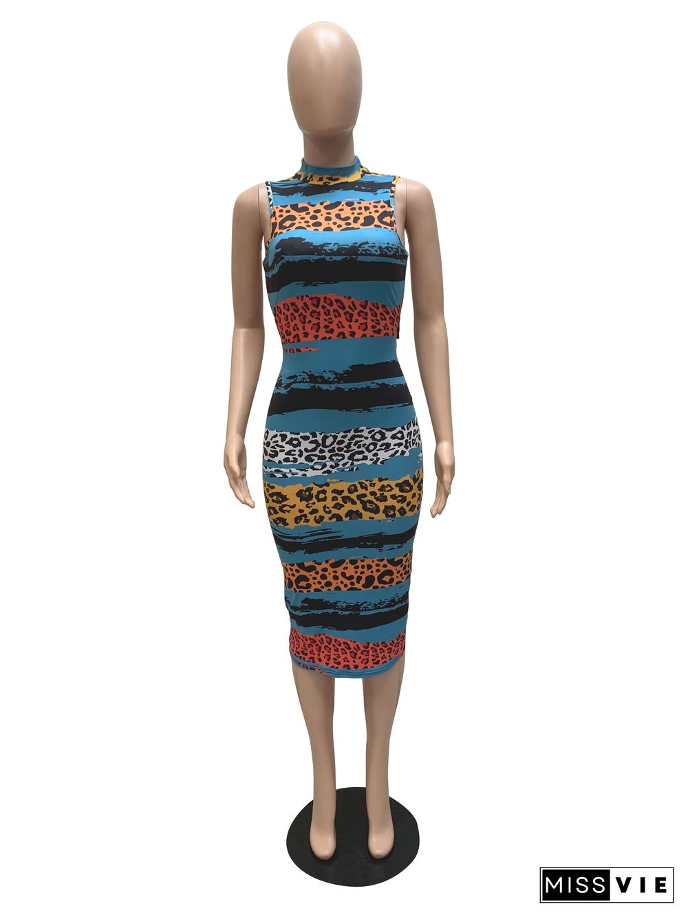 Sleeveless Leopard Print O-Neck Bodycon Pencil Dress