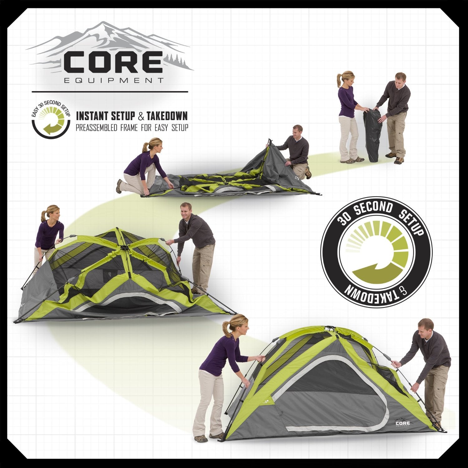 CORE Equipment 9 x 7-Foot 4-Person Dome Camping Tent， Green/Grey | COR-40006