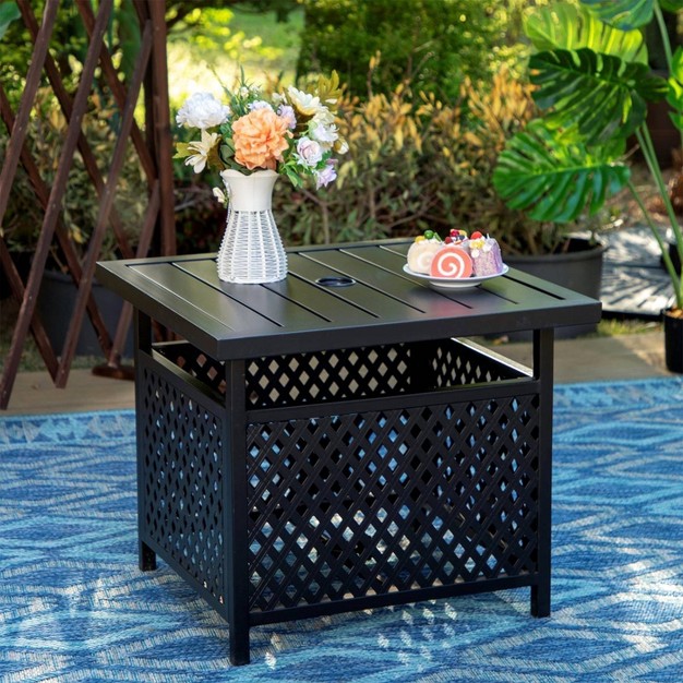 Square Metal Table With Umbrella Hole amp 2 Rattan Chairs Black Captiva Designs