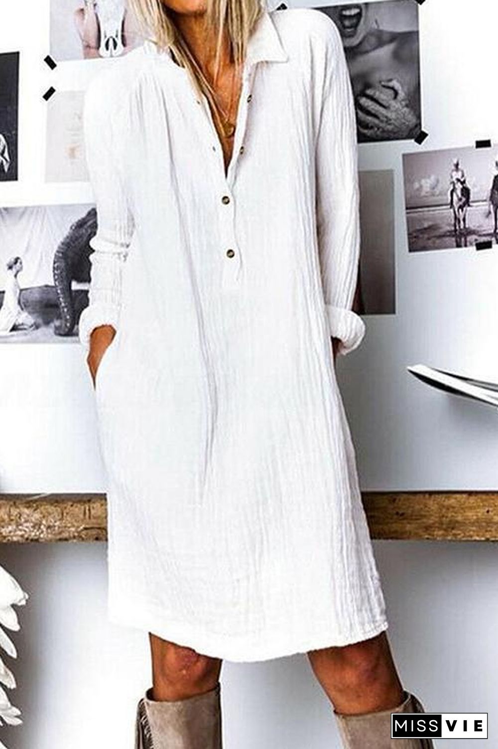 Linen Button Pockets Long Sleeve Dress