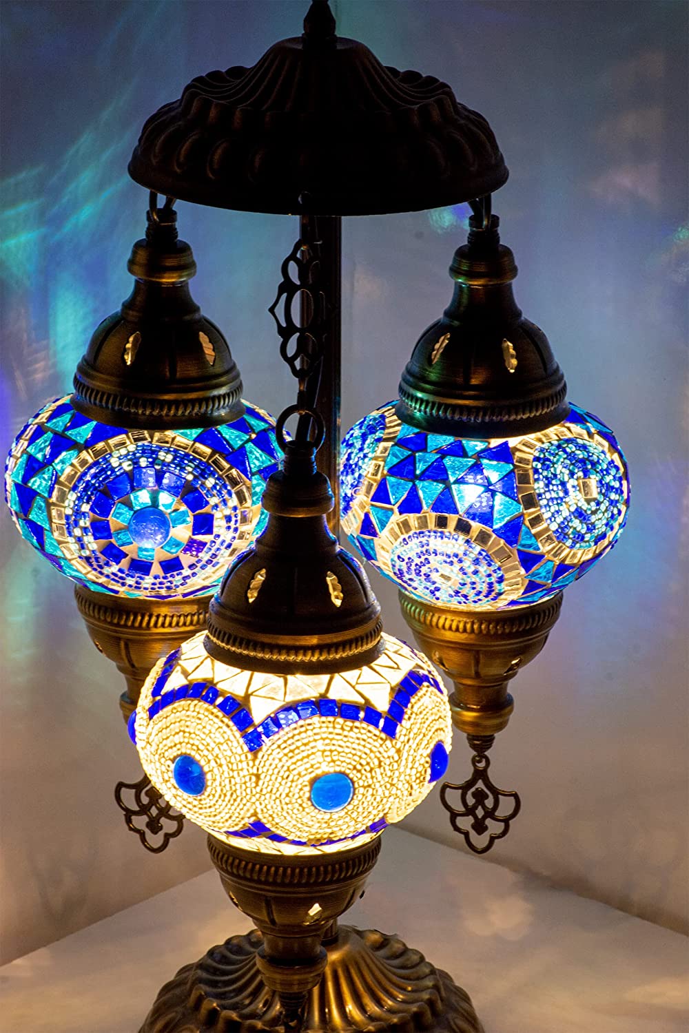 SHADY 3 Light Moroccan Mosaic Table Lamp  Stained Glass Boho Style Turkish Desk Lamp  Farmhouse Antique Living Room  Office Decorative Vintage Lighting with US Plug &amp; E12 Socket (Blue