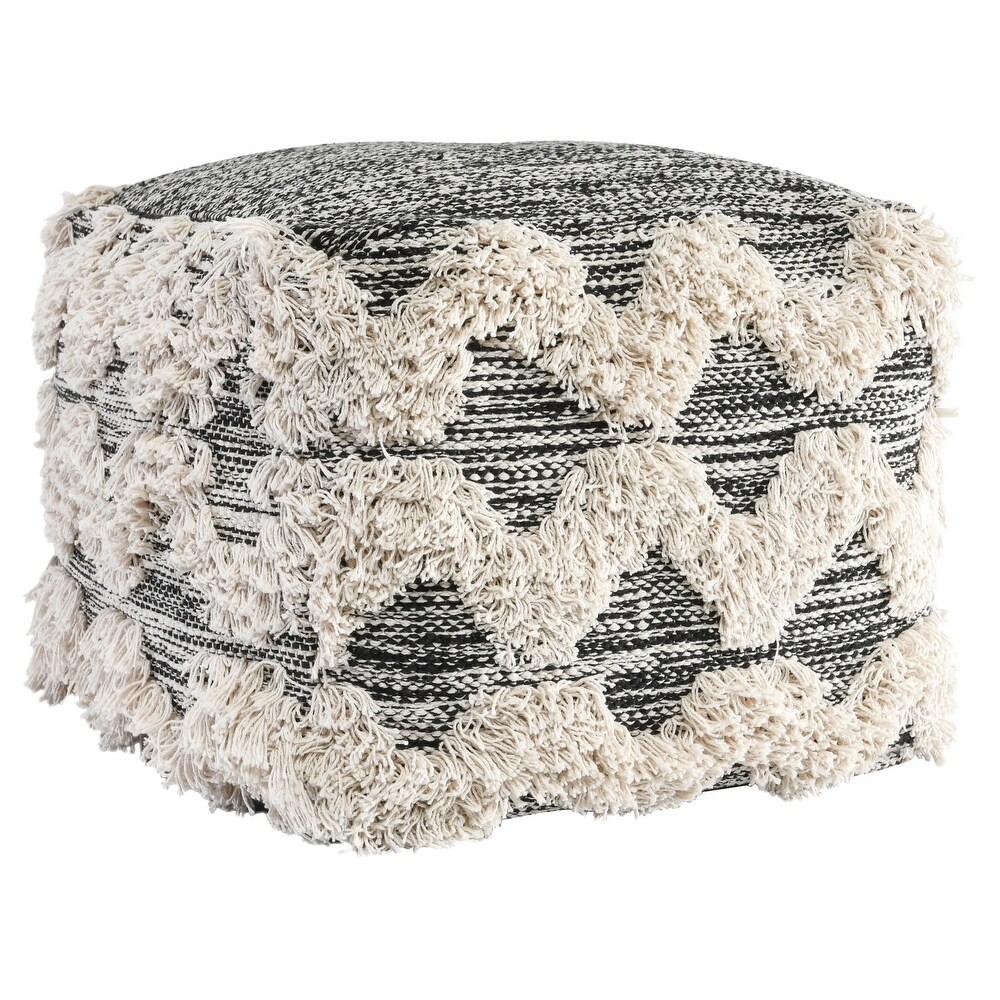 18 Inch Square Cube Accent Pouf  Zig Zag Shag Woven Pattern  Black  White