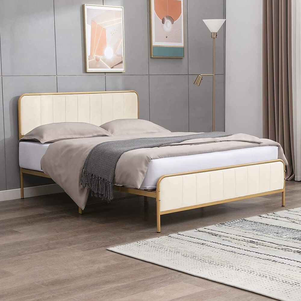 Mixoy Metal Platform Bed Frame with Dutch Velvet Headboard  Clearance Bed Frame Upholstered Headboard  Metal Strip Support