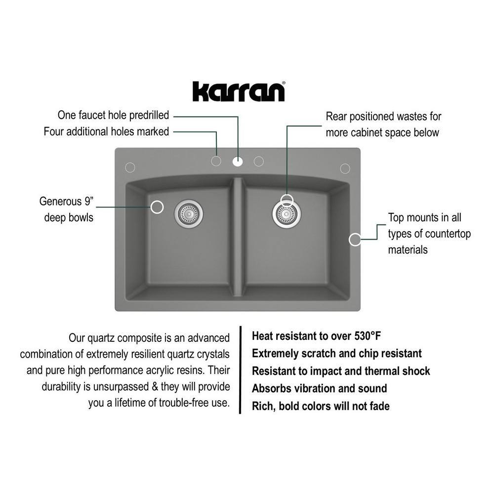 Karran QT- 710 qt. 33 in. 5050 Double Bowl Drop-In Kitchen Sink in Grey with Faucet in Matte Black QT710GRKKF330MB