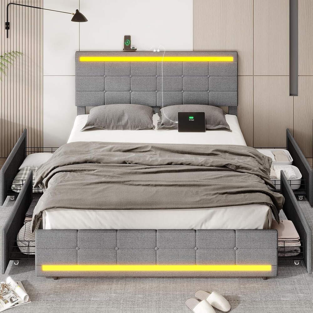 Queen Bed Frame with 2 USB Charging Station   LED Lights