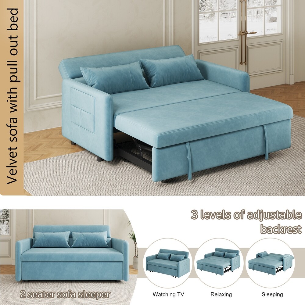 Turquoise Convertible Loveseat Sleeper Pull out Sofa Bed with Pillow