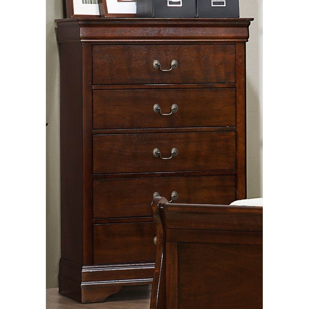 5 Drawer Wooden Chest With Metal Hardware， Cherry Brown - - 23490618