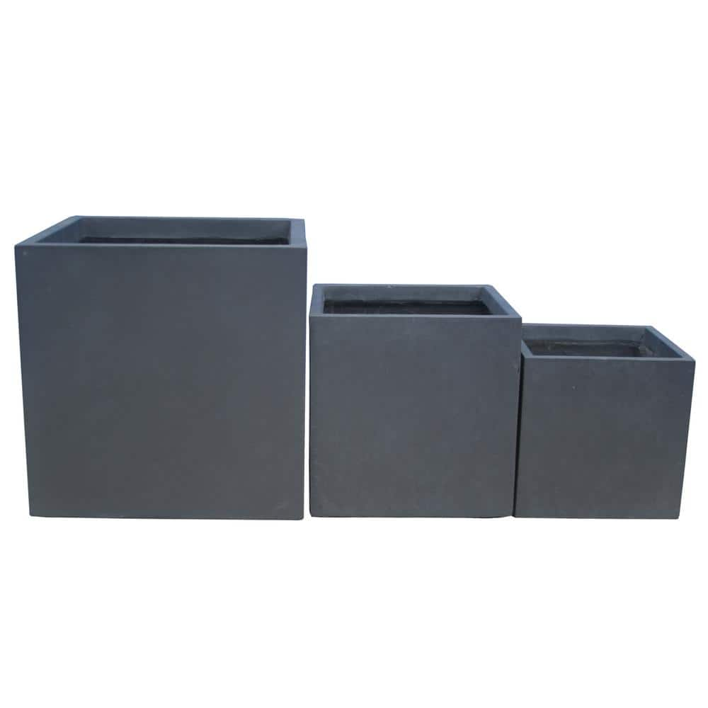 KANTE 16 in. Tall Charcoal Lightweight Concrete Square Modern Outdoor Planter (Set of 3) RF0001ABC-C60121