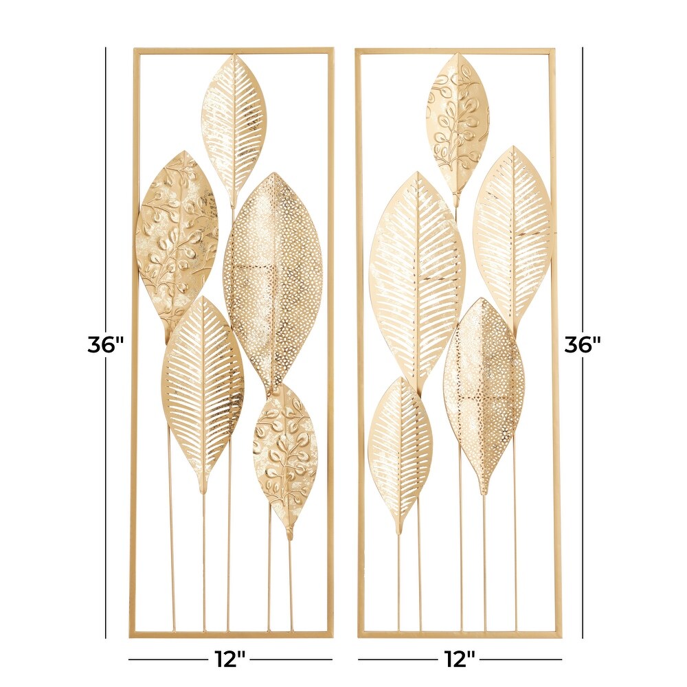 CosmoLiving by Cosmopolitan Gold Metal Tall Cut Out Leaf Wall Decor with Gold Frame (Set of 2)