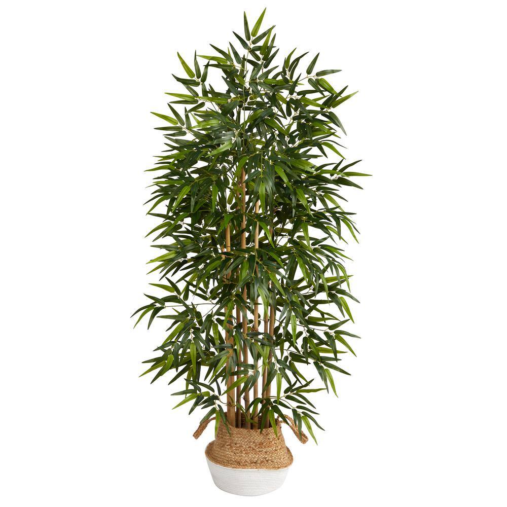 Nearly Natural 64 in. Green Bamboo Artificial Tree with Natural Bamboo Trunks in Boho Chic Handmade Cotton and Jute White Woven Planter T2888