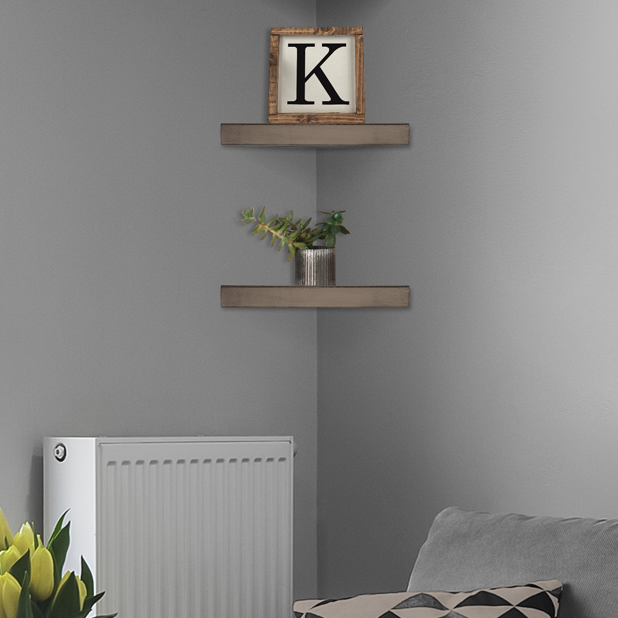 Rustic Wood Floating Corner Shelves (Set of 2) – Walnut Brown