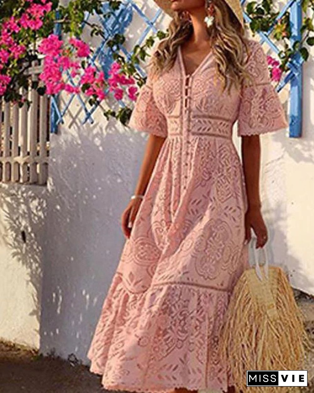 Women's Sheath Dress Maxi long Dress Half Sleeve Solid Color V Neck Hot White Blushing Pink S M L XL XXL White Dresses