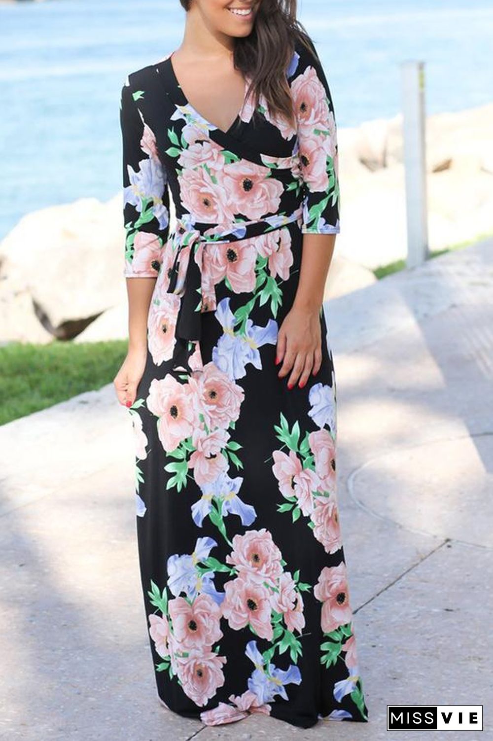 Mixed Color Flower Printed V Neck Maxi Dress