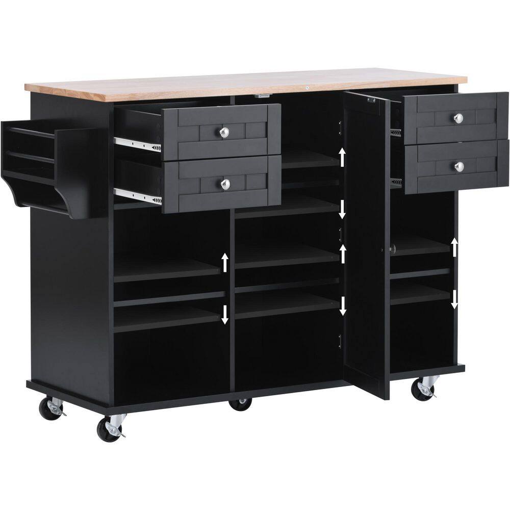 Black 52.8 in. W x 18.5 in. D x 36.4 in. H Kitchen Island Cart on 5-Wheels with Spice Rack Towel Rack and Drawer WF296AABWY