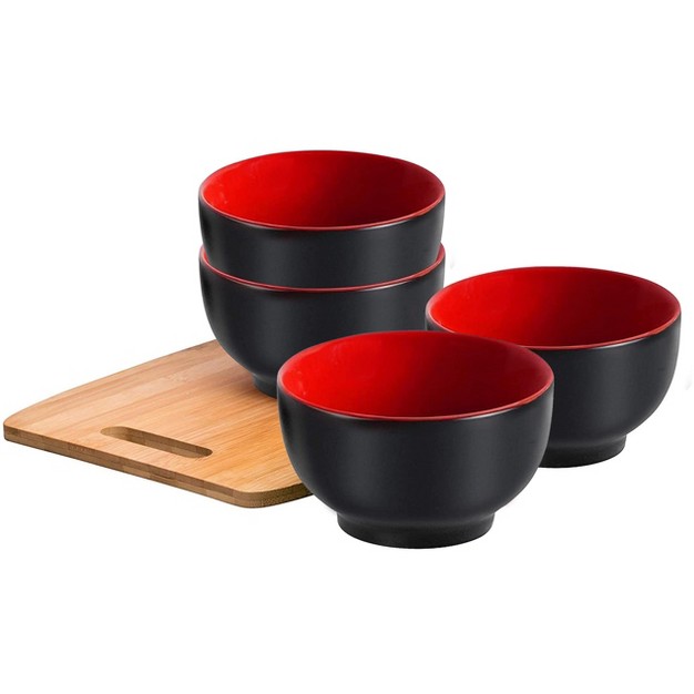 Bruntmor 20oz Porcelain Dip Bowls For Ice Cream Snacks And Desserts Set Of 4 Black And Red