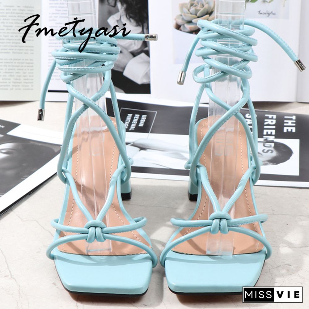 Summer Women Sandals Heels Lace Up Square Toe Block Heels Sexy Blue Black Gladiator Ankle Strap Heels For Women