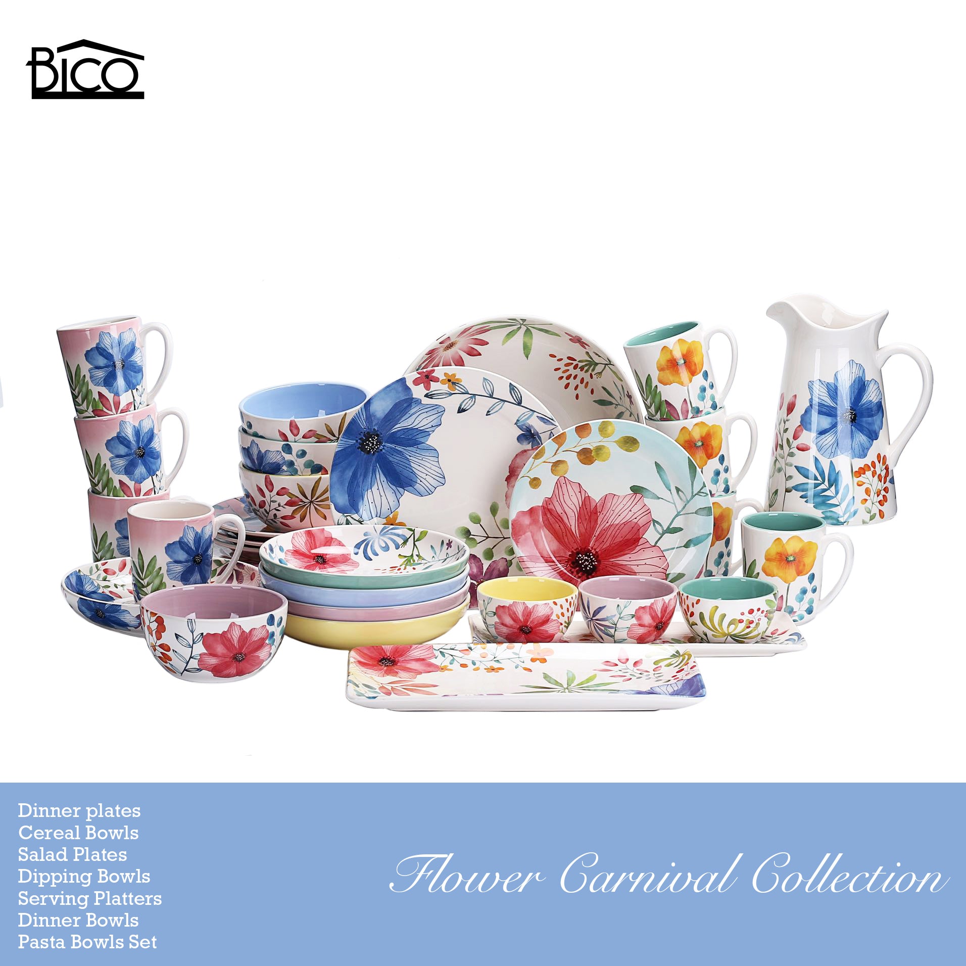 Bico Flower Carnival Ceramic 35oz Dinner Bowls， Set of 4， for Pasta， Salad， Cereal， Soup and Microwave and Dishwasher Safe