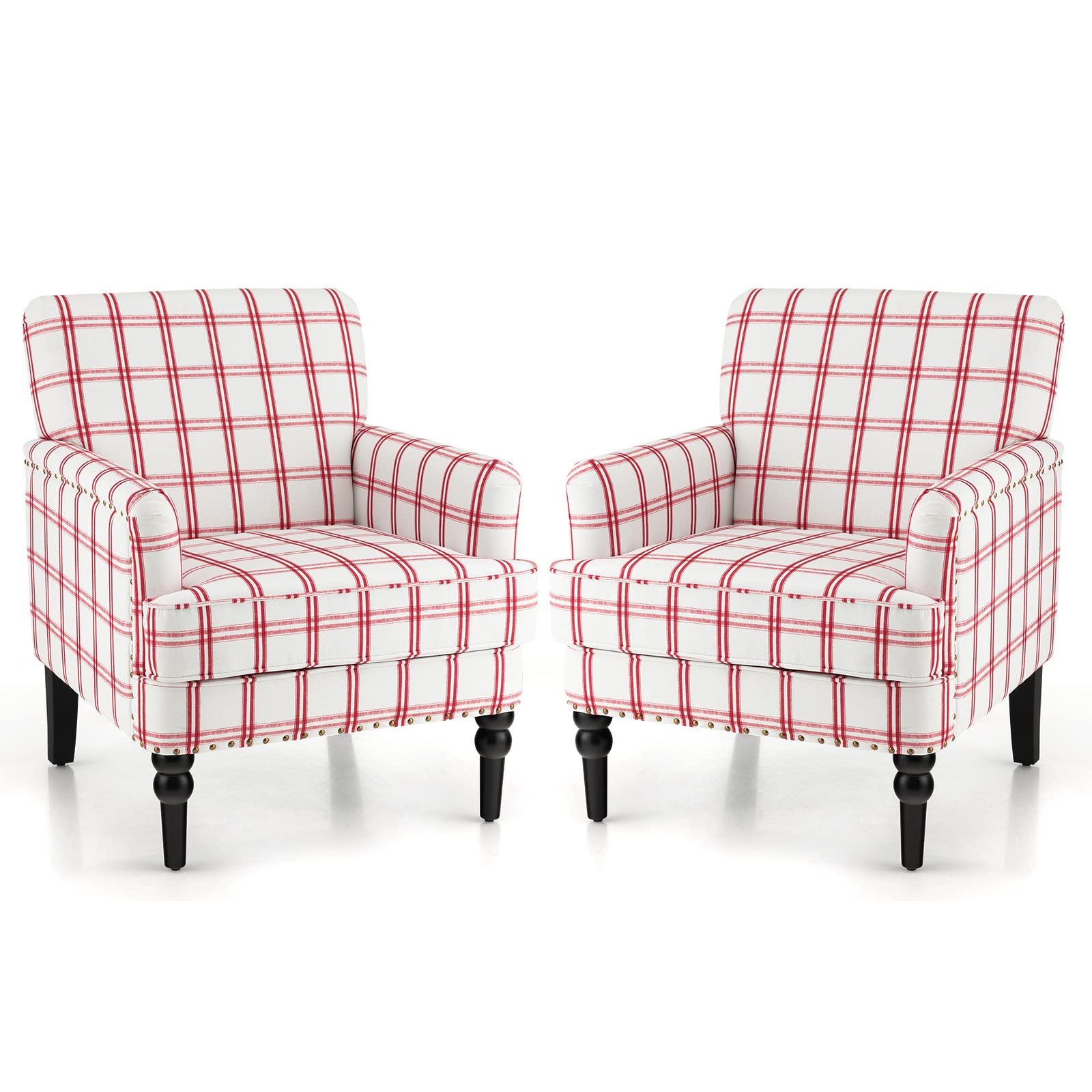 Giantex Mid-Century Modern Accent Chair Set of 2 - Upholstered Nailed Single Sofa Chair with Rubber Wood Legs