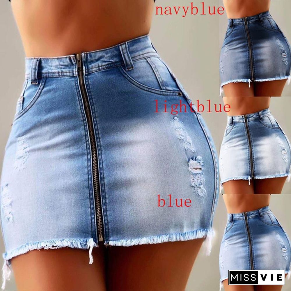 New Women's Fashion High Waist Zipper Mini Hip Jean Skirt Summer Hot Ripped Hole Denim Short Skirt Pant