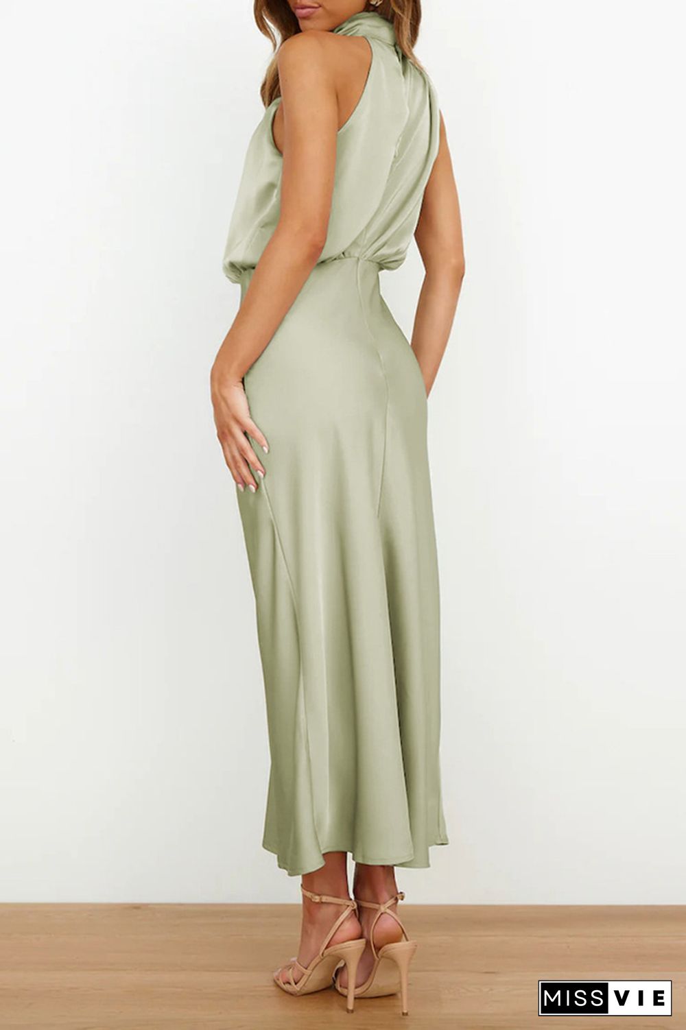 Ruched Cut Shoulder Sleeveless Sily Maxi Dress