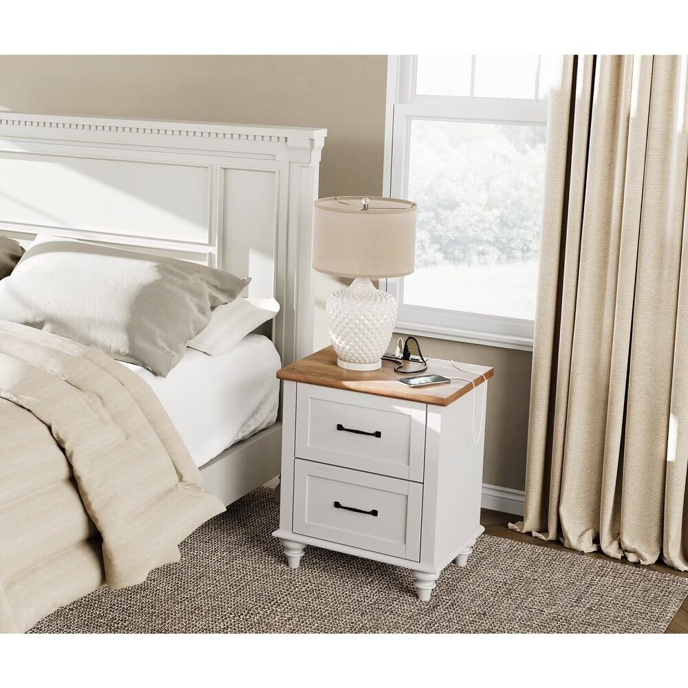 White Nightstand with Charging Station  2 Drawer End Table (Set of 2)