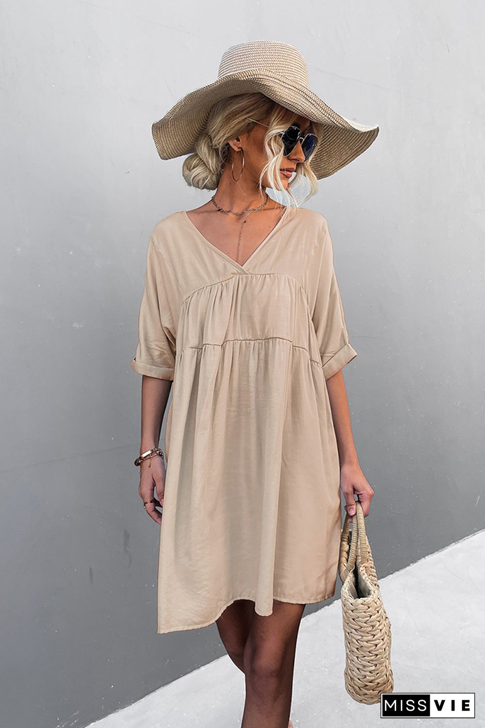 Loose V Neck Short Sleeves Dress Wholesale