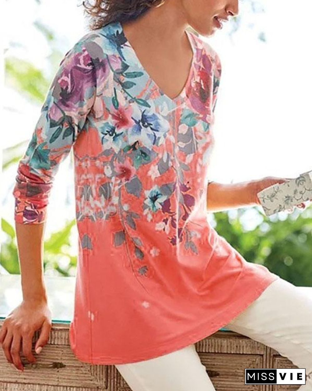 Floral Print V-neck Casual Long Sleeves T-shirts