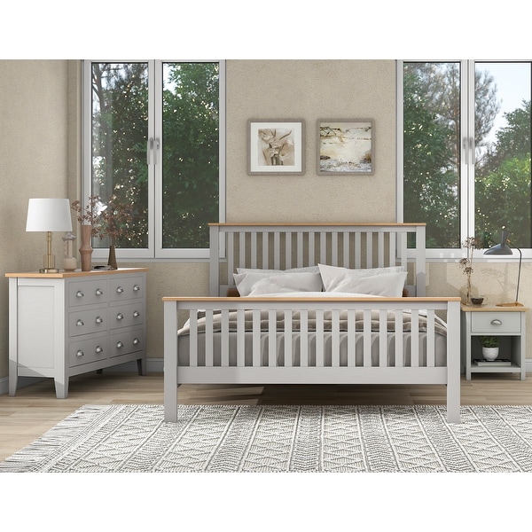 3 Pieces Country Gray with Oak Top Bedroom Sets， Full Bed， Nightstand and Dresser， Full Side - - 36908525