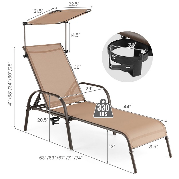 Costway Patio Heavy duty Chaise Lounge 5 level Adjustable Outdoor Recliner Canopy Cup