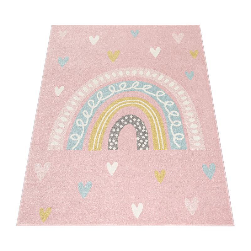 Kids Rug with Rainbow and Hearts for Nursery in Pastel Colors