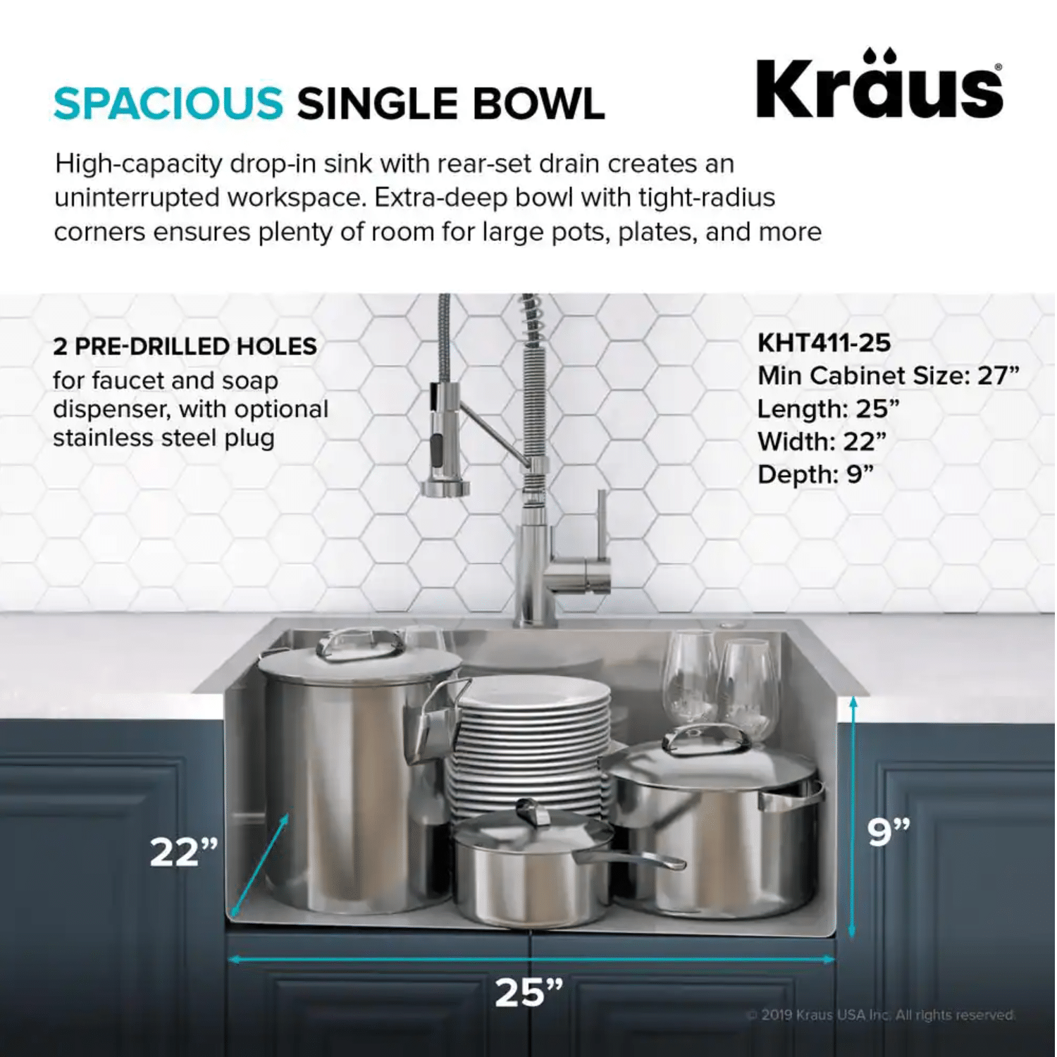 Kraus Loften Dual Mount Drop-In Stainless Steel 25 in. 1-Hole Single Bowl Kitchen Sink (KHT411-25)