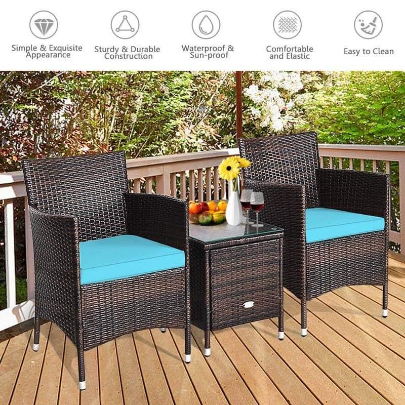 3 Pcs Rattan Patio Conversation Set Wicker Outdoor Furniture Set with Coffee Table & 2 Cushioned Sofa