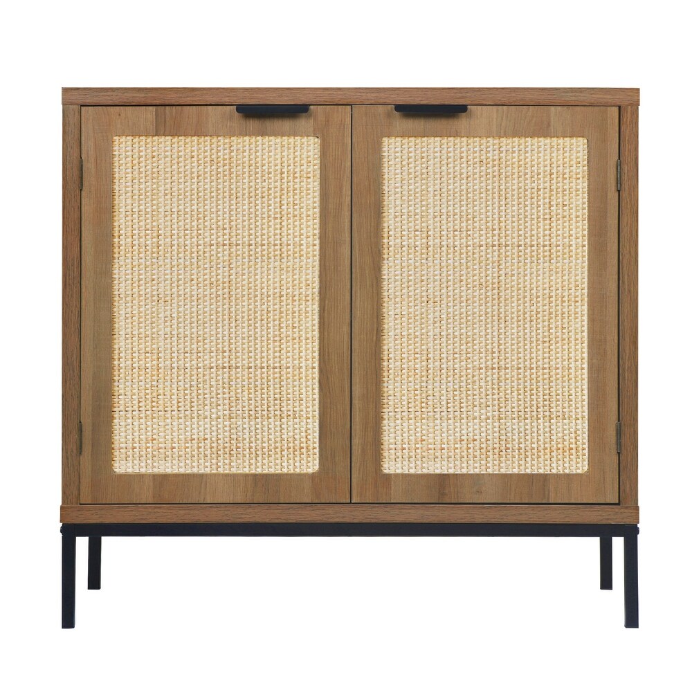 Rustic Oak Accent Storage Cabinet with 2 Rattan Doors Mid Century Natural Wood Sideboard Furniture