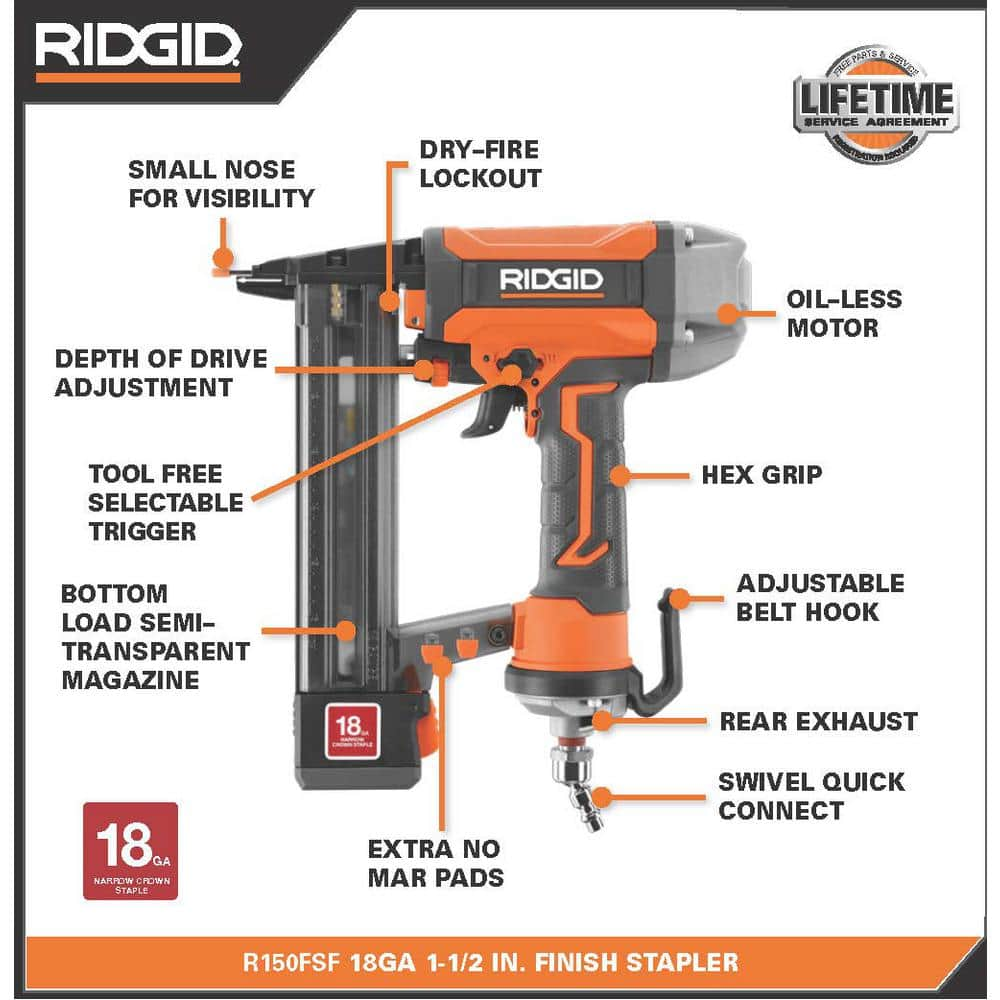 RIDGID Pneumatic 18-Gauge 1-1/2 in. Finish Stapler, Contractor's Bag and (200) Staples R150FSF