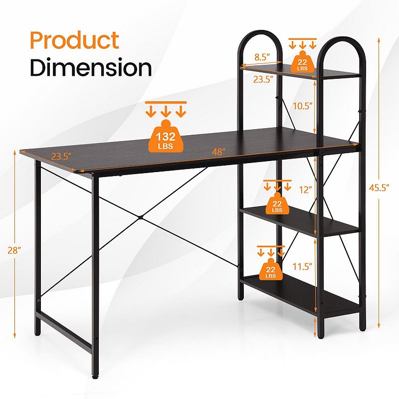 Reversible Computer Desk Study Workstation Home Office 4-tier Bookshelf-Brown