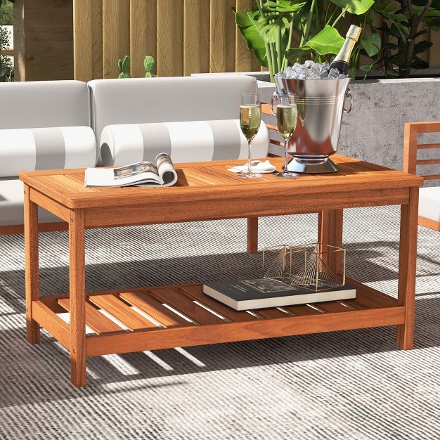 Costway Patio Coffee Table 2 tier Outdoor Side Rectangle Side Table Solid Wood Porch