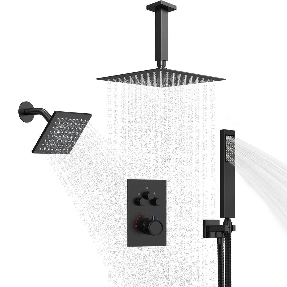 CRANACH Triple Handle 7-Spray Patterns 12 in. Ceiling Mount Rainfall Shower Faucet 2.5 GPM with High Pressure in Matte Black SRSFS1007-BK12