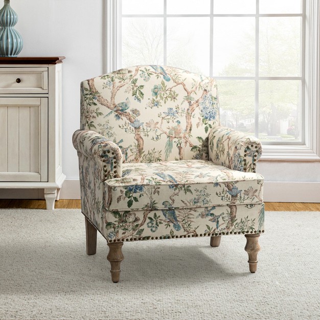 Yahweh Wooden Upholstered Floral Pattern Design Armchair With Panel Arms And Camelback For Bedroom Artful Living Design