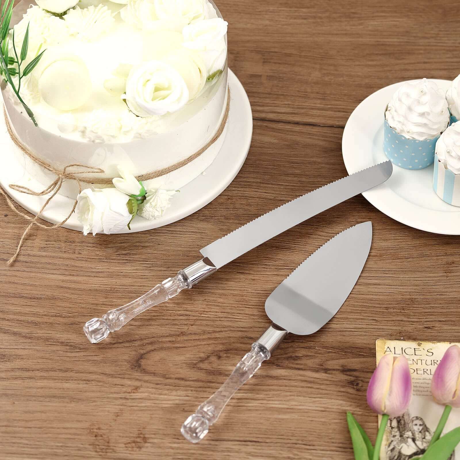 2 Set Stainless Steel Knife and Server Party Favors Set With Clear Acrylic Handle Free Gift Box 10