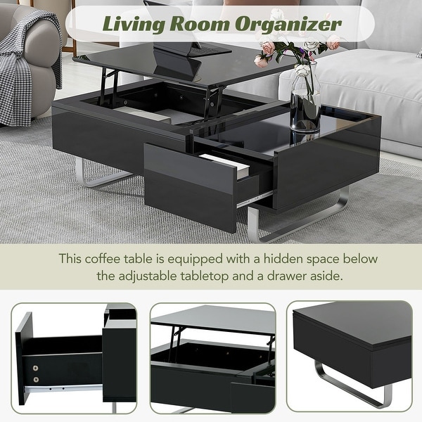 Stylish multi-functional lifting countertop coffee table， modern cocktail table with metal frame legs