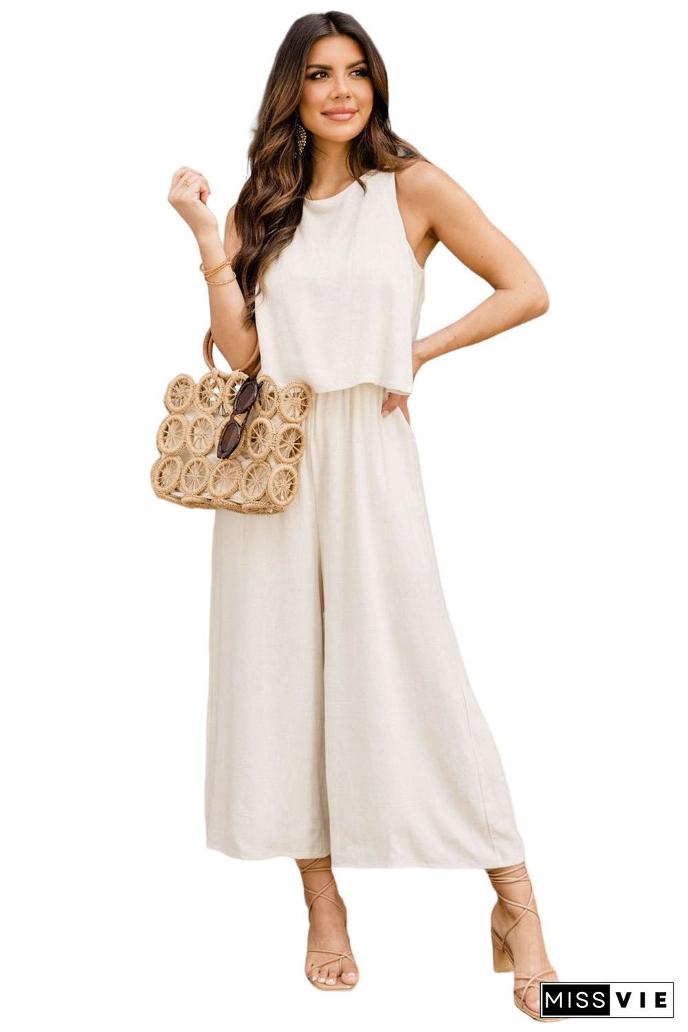 Apricot Sleeveless Ankle Length Wide Leg Jumpsuit